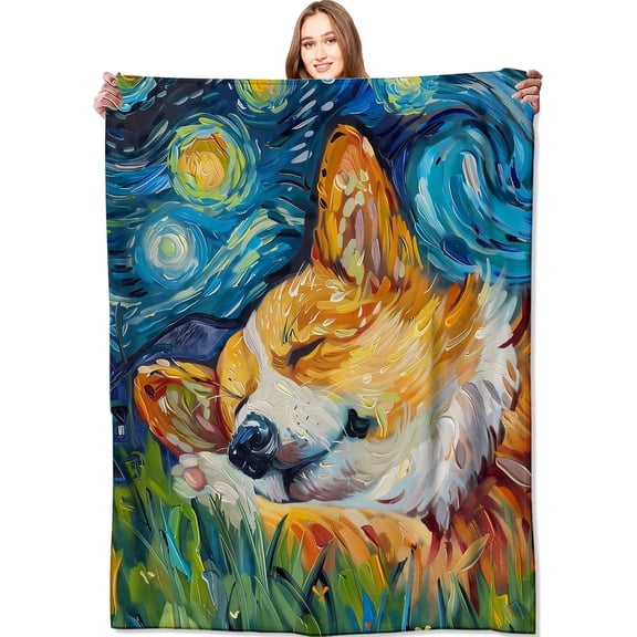 Corgi Blanket Starry Night Puppy Throw Blankets,Gifts for Kids Woman Adult & Dog Lover,Lightweight Soft Fleece,for Sofa Couch Bed Room Modern Artistic Decor 60x80in