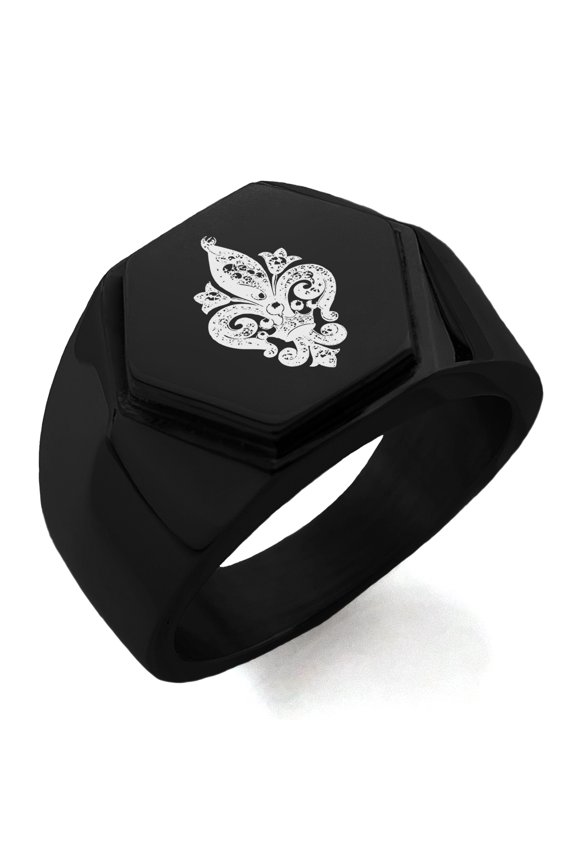 Stainless Steel Crown Fleur De Lis Engraved Hexagon Crest Flat Top Biker Style Polished Ring