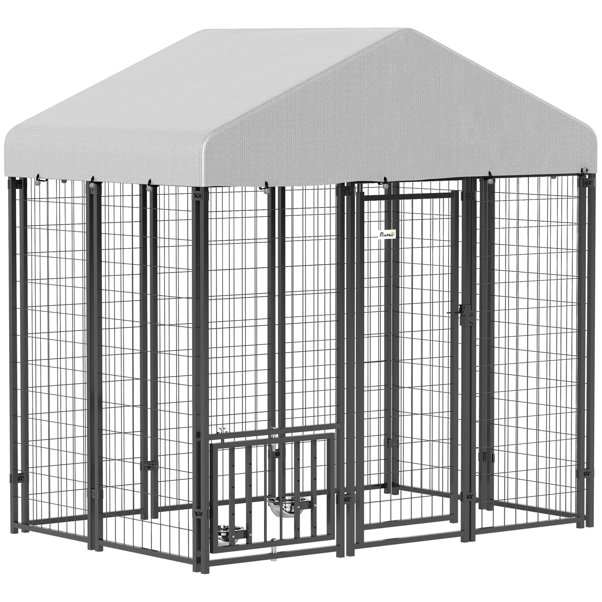 PawHut Outdoor Dog Kennel with Roof, 5.9' x 4' x 6' Heavy Duty Welded Wire Dog Playpen Fence with Rotating & 4-Level Adjustable Feeding Bowls