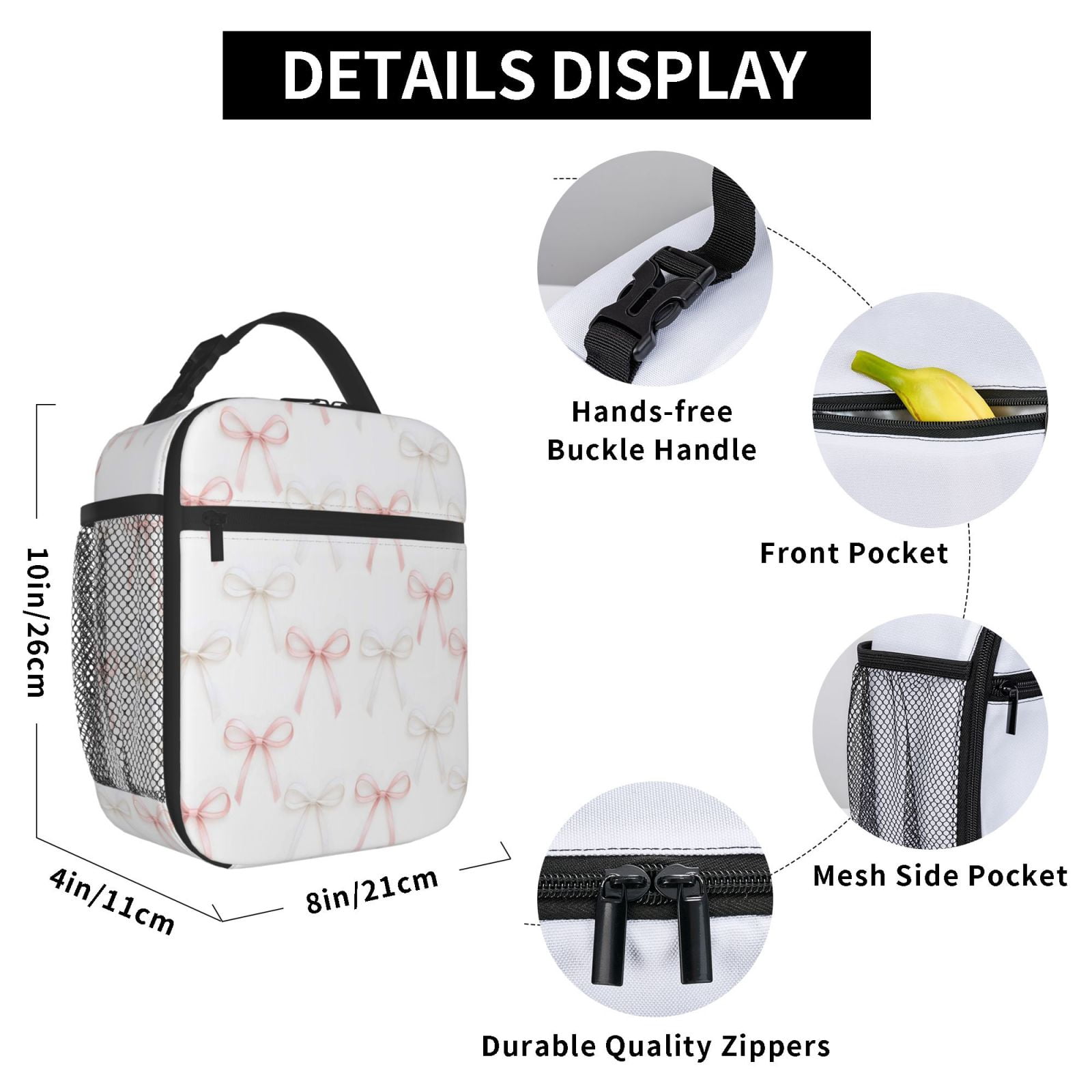 Lunch Bag For Women Men Insulated Portable Lunch Box Bento Box Office Picnic Travel Cooler Bag Pink And White Bow Tie