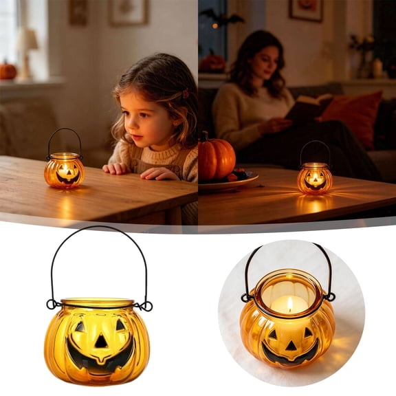Halloween Pumpkin Tealight Candle Holder, Metal Hanging Jack O Lantern Halloween Pumpkin Tealight Candle Holder for Table Centerpiece, Decorative Grimace Votive Holder Orange