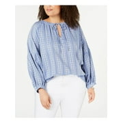 TOMMY HILFIGER Womens Blue Floral Long Sleeve Tie Neck Top Plus Size: 1X