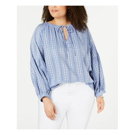 TOMMY HILFIGER Womens Blue Floral Long Sleeve Tie Neck Top Plus Size: 1X