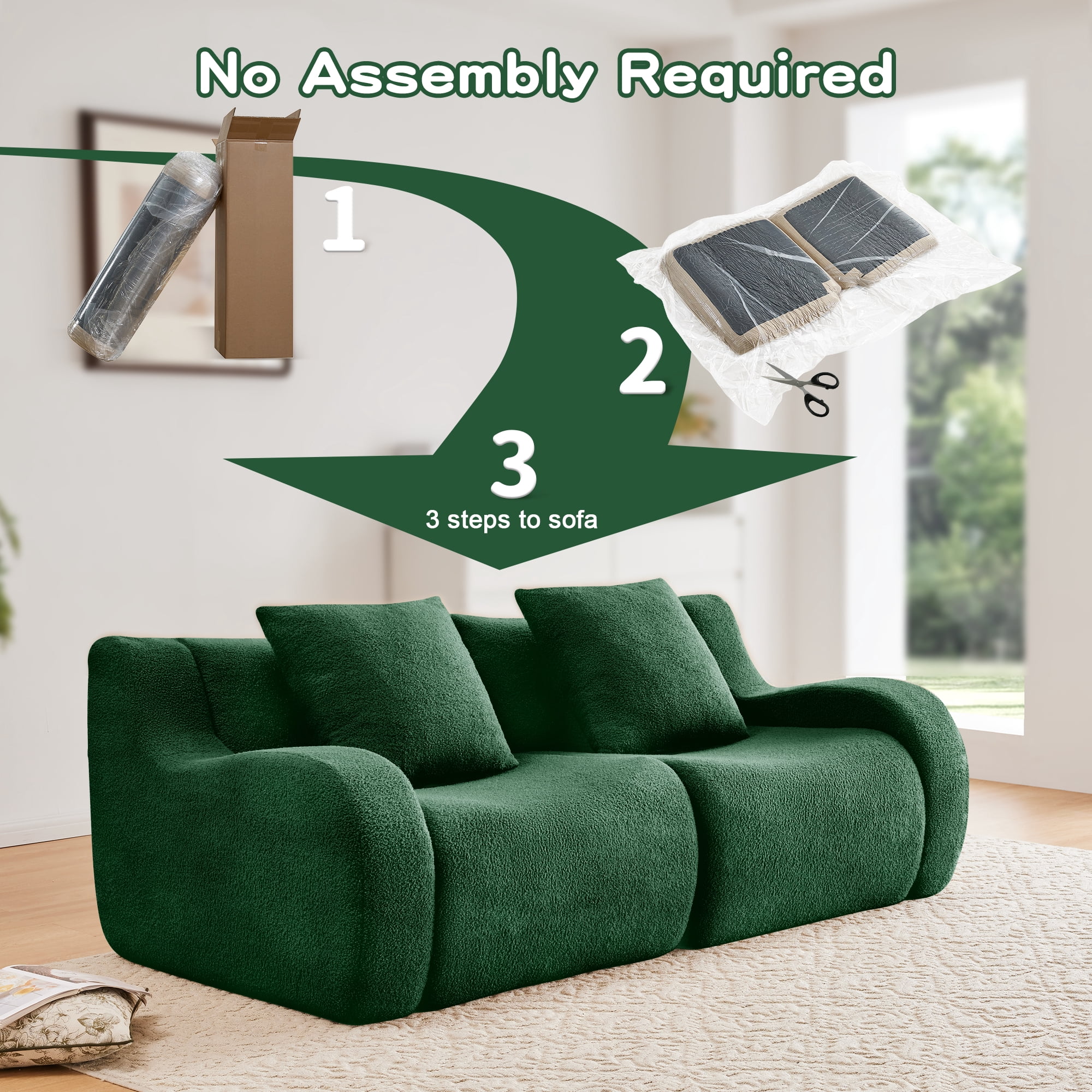 MAYEERTY 82.7" Teddy Fabric Boneless Sofa, Green 300lbs/seat 32D Foam Non-Slip No Assembly Couch for Living Room Bedroom