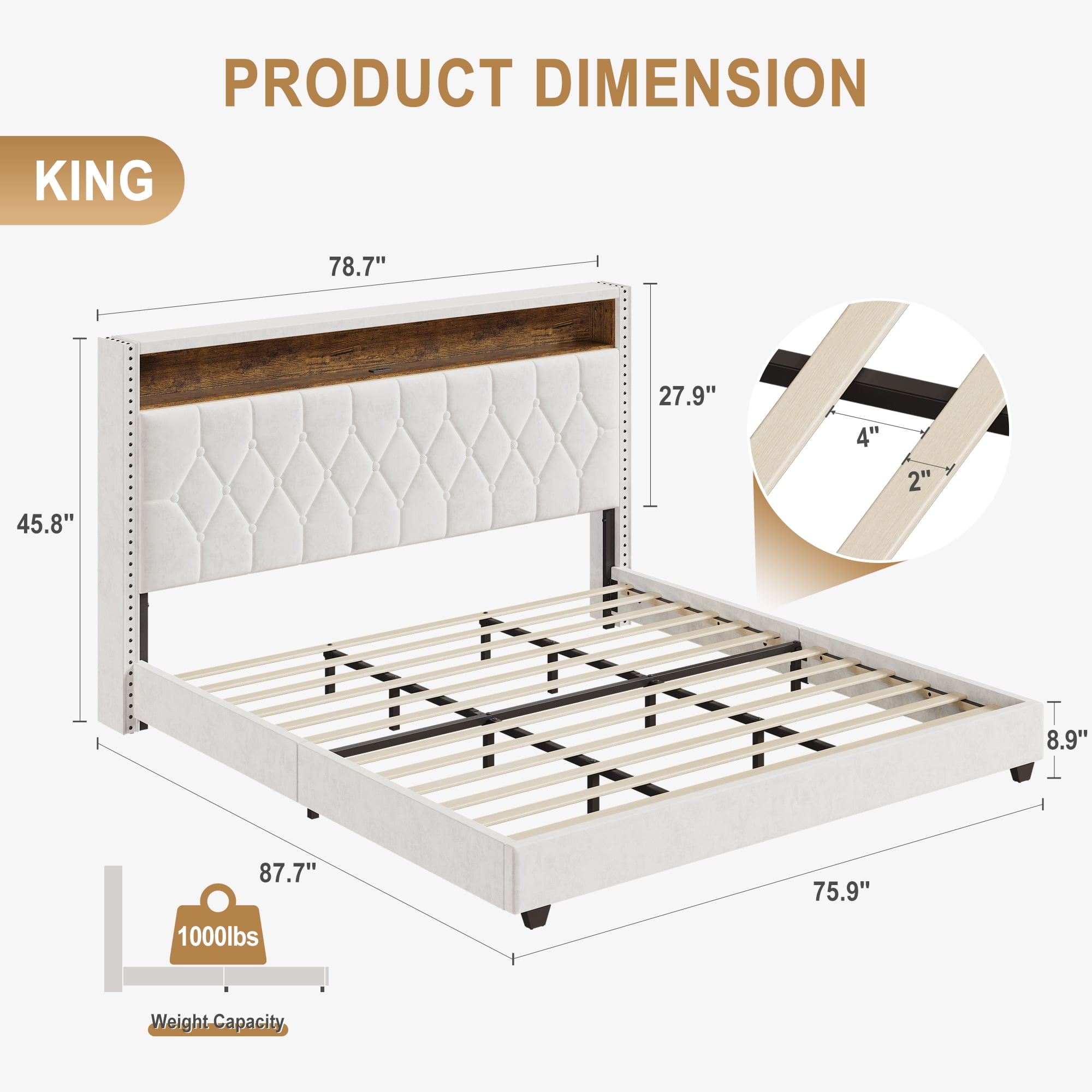 Senfot King Size Bed Frame, Button Tufted Upholstered Headboard Platform Bed with Charging Station and Bookcase, Easy Assembly Bed Frame With Light, Noise-free, Stable, No Box Spring Needed