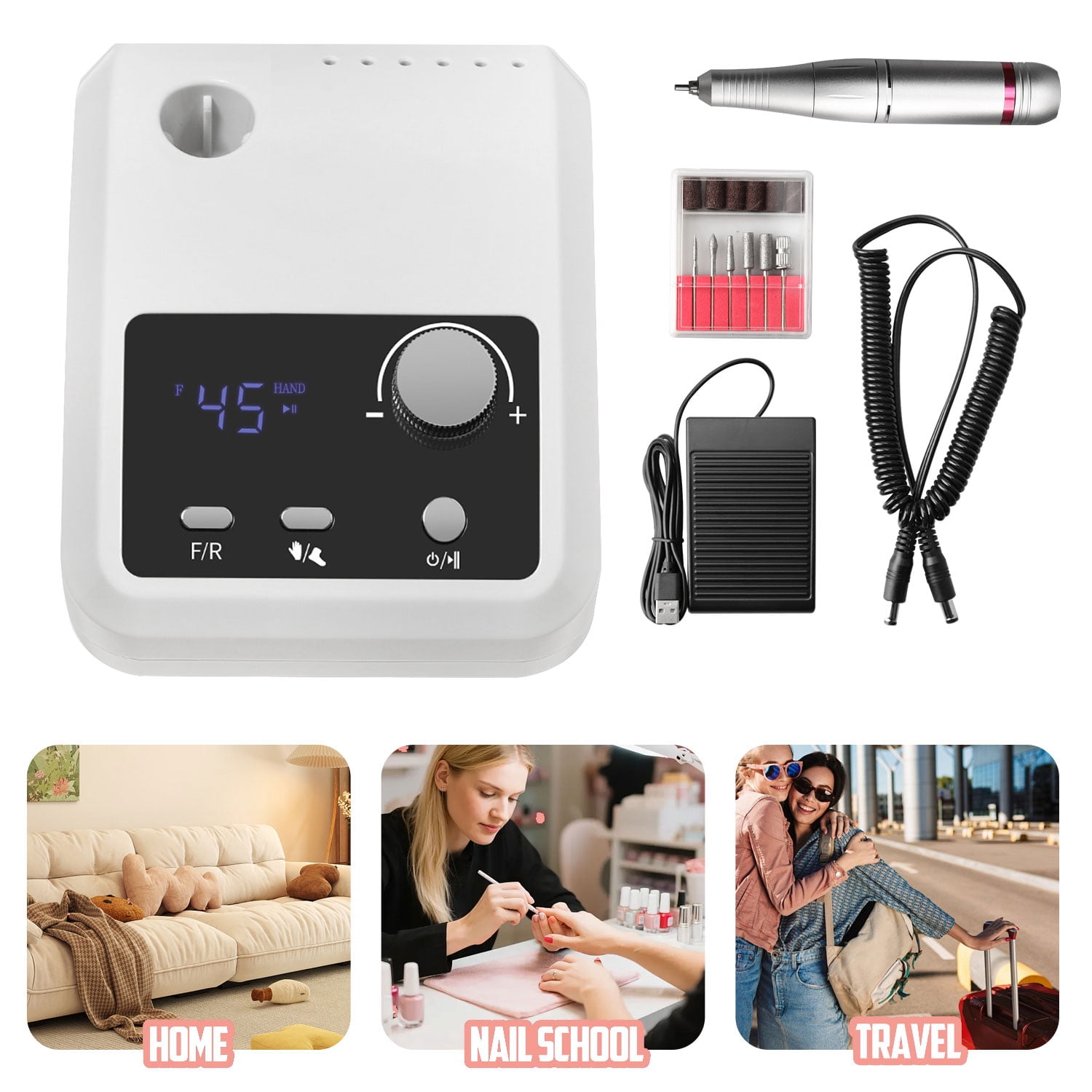 AIRKOUL Electric Nail Drill Professional: 45000 RPM Nail File Kit Machine with LCD Display, Hand & Foot Control Low Noise for Acrylic, Gel Nails, Manicure & Pedicure - Salon & Home Use