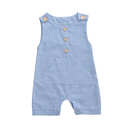 

Canrulo Baby Boy Girl Sleeveless Romper Button-Down Jumpsuit Striped Outfit Blue 3-6 Months