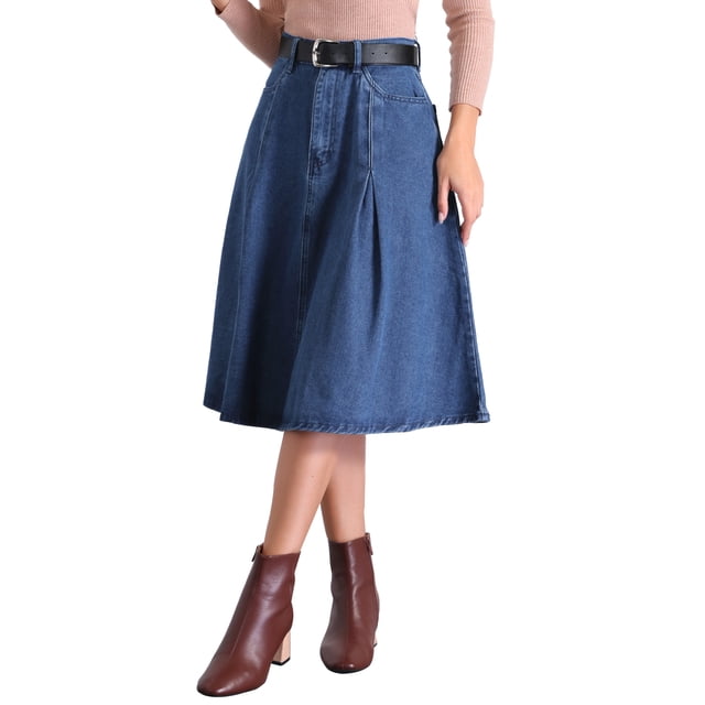 Falda de mezclilla plisada para mujer INSPIRE CHIC, de cintura alta, estilo A, con bolsillos, falda midi clásica con cinturón, azul S
