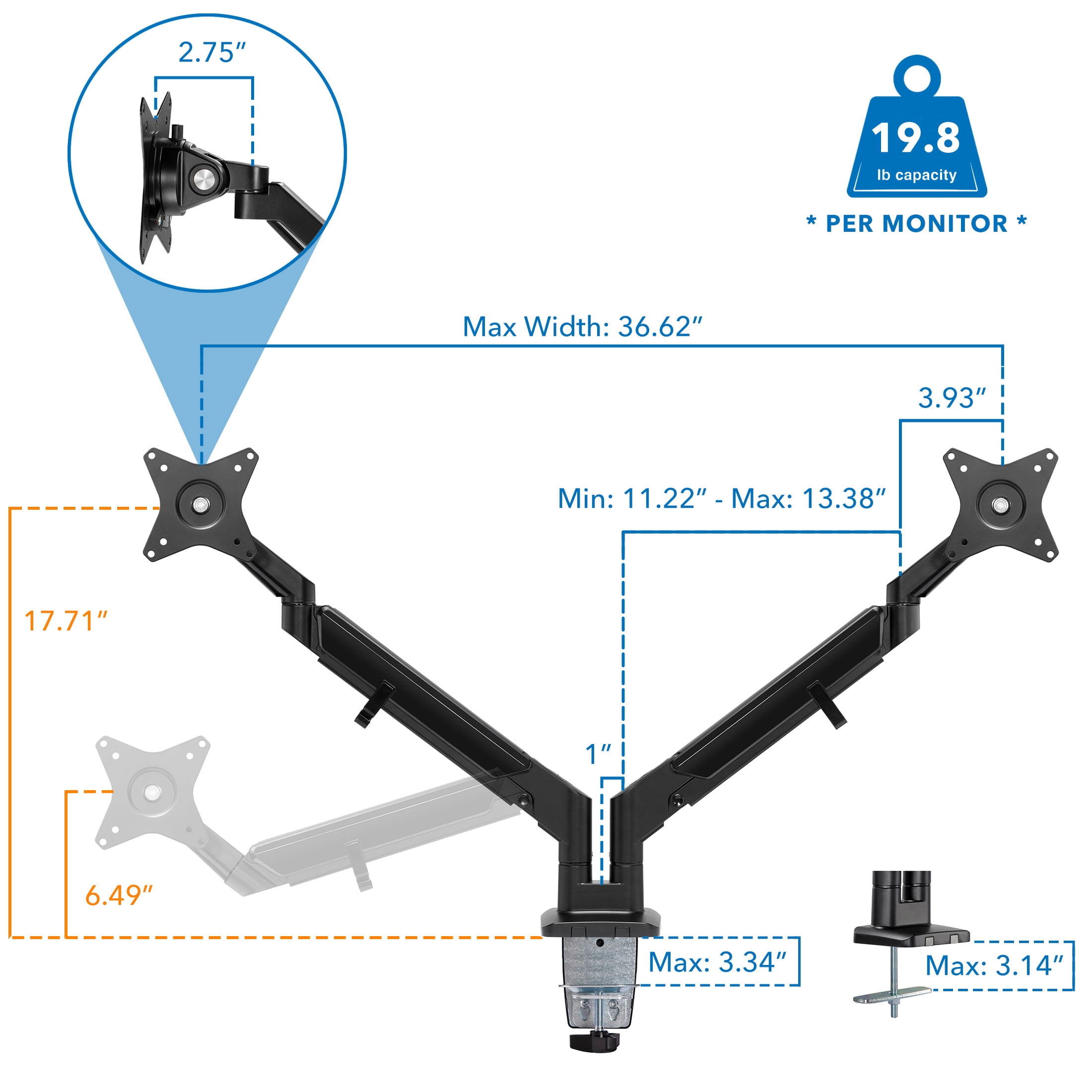 Mount-It! Dual Computer Monitor Mount With Low Profile Gas Spring Arms, Ergonomic