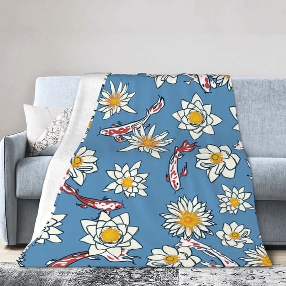 DouZhe Ultra-Soft Micro Fleece Lightweight Flannel Bed Blanket, Japanese Koi Print Cozy Warm Throw Blankets, 50"x40"