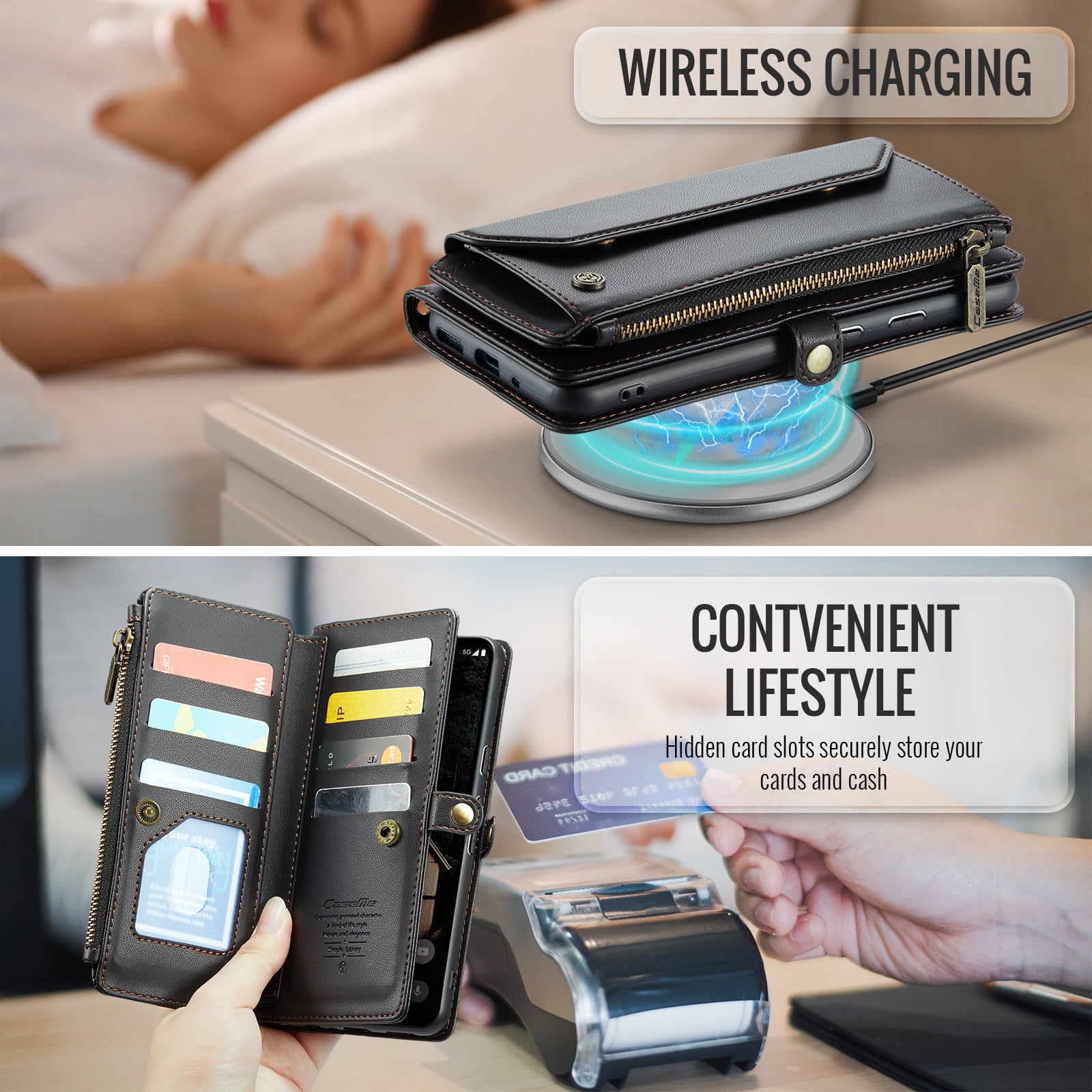 for Google Pixel 10 / 10 Pro Full Body Protection Wallet Folio Flip Case, Shoulder Strap & Wristlet Card Slots Zipper Pocket RFID Blocking Rugged Durable PU Leather Phone Case Cover, Black