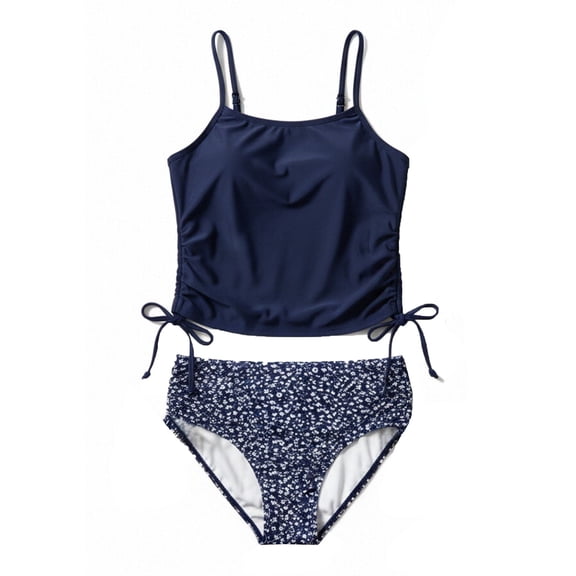 FINALGANG Girls 2 Piece Swimsuit Set Kids Spaghetti Strap Stretch Solid Color Camisole Top Leaf Prints Swim Briefs Breathable Bathing Suit For Summer Beach Wear Blue 17-18 Years
