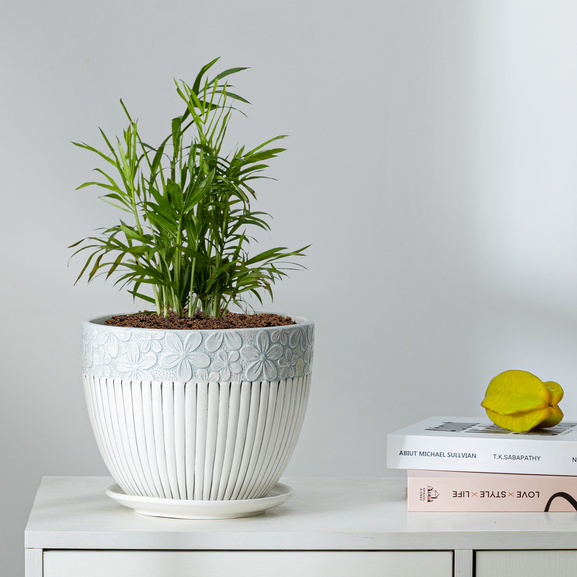 8 Inch Grey Flower Pots,Texture Planter for Indoor Plants 8 Inch Ceramic Flower Pots with Saucer