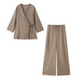 thumbnail image 1 of TRAFZA, conjunto de camisa de lino de Color sólido a la moda de verano para mujer, cárdigan con cinturón, Top tipo kimono + pantalones plisados de cintura alta para mujer, 2 piezas, 1 of 5