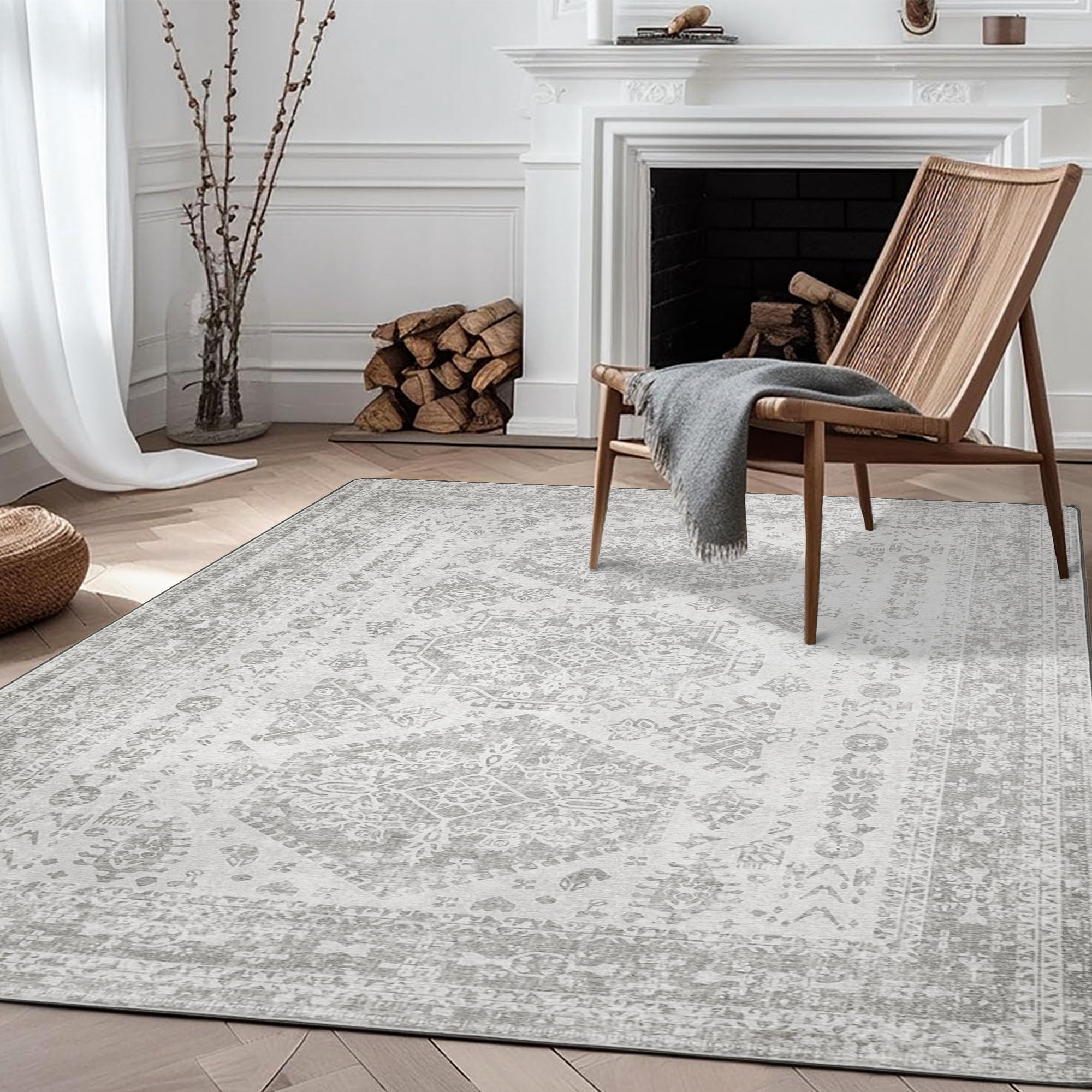 KUETH Area Rugs for Living Room 8x10 Machine Washable Bedroom Rugs Distressed Vintage Print Gray Large Throw Rug Dining Room Aesthetic, Non Slip Carpet with Gripper