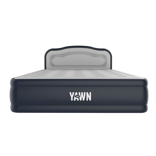 colchón inflable yawn air bed queen size Gris, vista frontal centrada de cama inflable Queen (216 x 152 x 45 cm) con cabecera incorporada y logotipo Yawn Air en el borde; superficie acolchada con 40 pilares independientes visibles, costados inflados, motor 2 en 1 incorporado que infla y desinfla en minutos y capacidad hasta 250 kg; también es adecuado para camping o visitas.