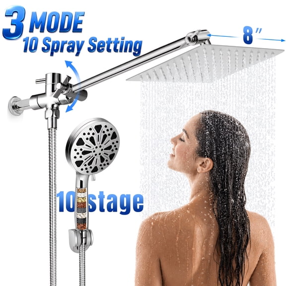 Doulami Shower Head, 8 inch Rain Showerhead, 10 Stage Shower Filtered , 10 Spray Setting, 3 Mode, 2 in 1 Combo