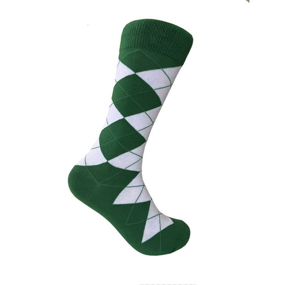 Triple M Plus Fashion Men's Argyle Plaid Mid-calf Dress Casual Socks In Green with White Color