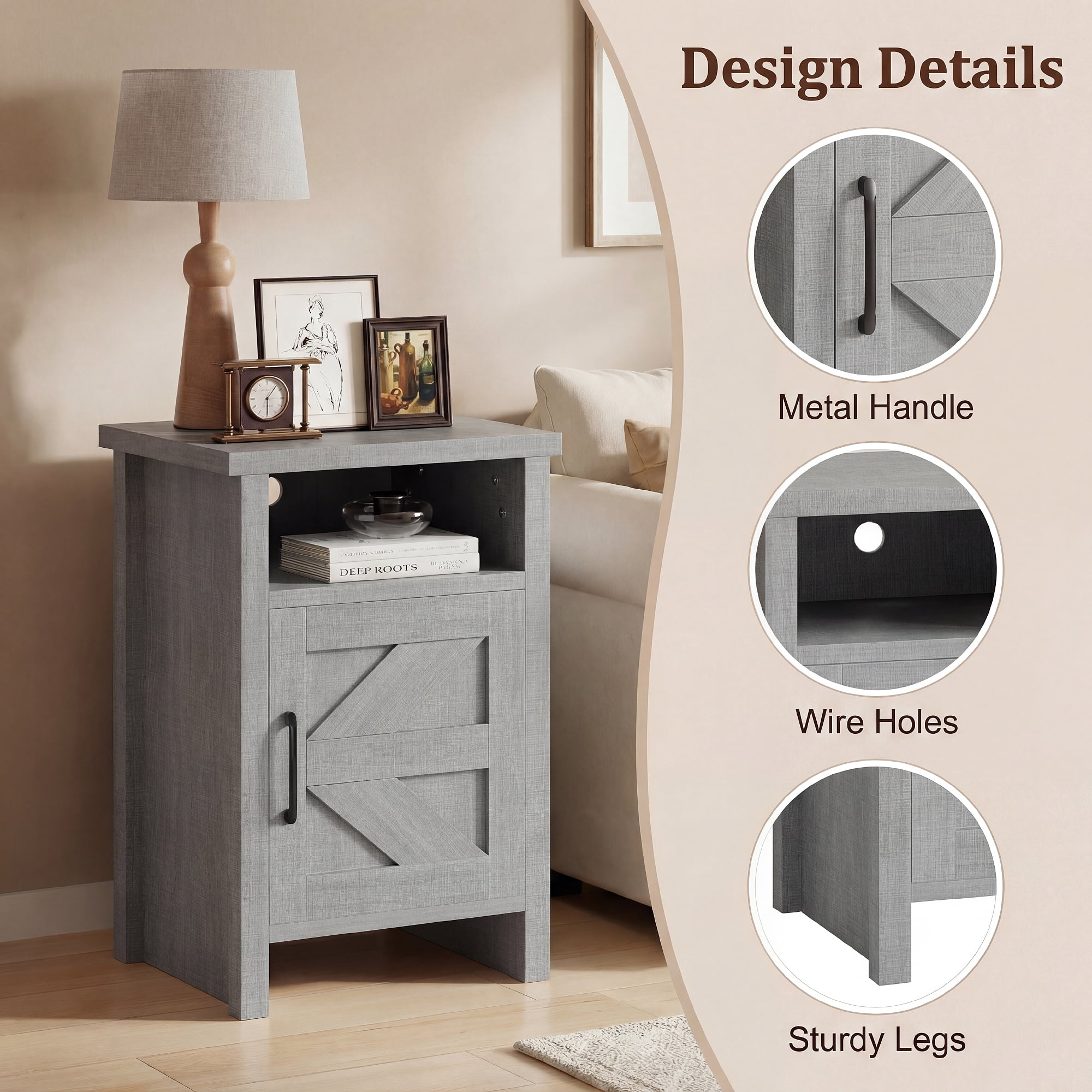 Homall Farmhouse Nightstand 1 Piece with Shelf and Barn Door Wood Modern Beside Tables for Bedroom Living Room, Gray
