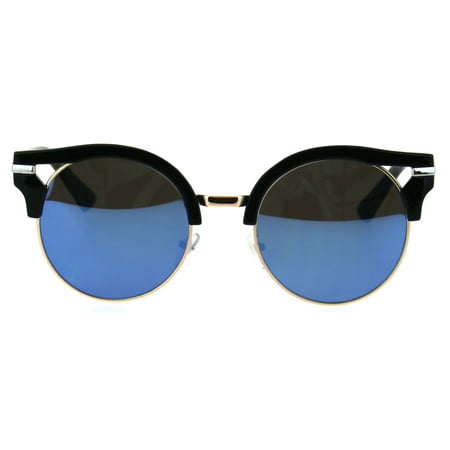 Womens Color Mirror Lens Round Circle Lens Half Rim Mod Sunglasses Black Blue