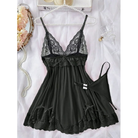 2pcs Women Sexy Solid Color Contrast Lace Sleepwear Set  V-Neck Backless Asymmetrical Hem Camisole Dress And G-String Panty  Comfy Robe
