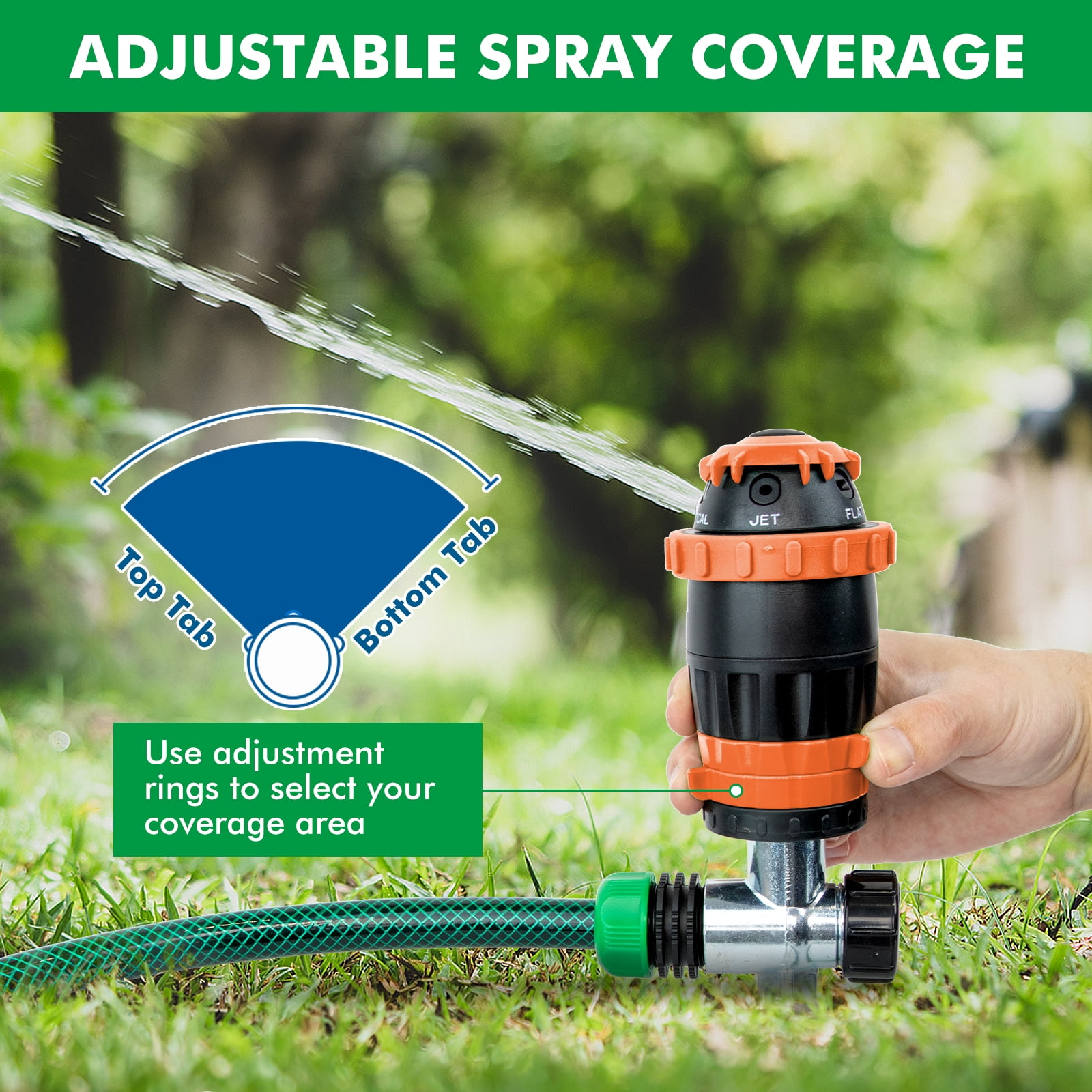 Restmo Gear Drive Sprinkler with Metal Spike Base, 5-Pattern Heavy Duty Gardening Watering System, Multi-Adjustable Lawn Sprinkle for Garden Plant, Flower Bed and Large Yard Area Watering, Orange