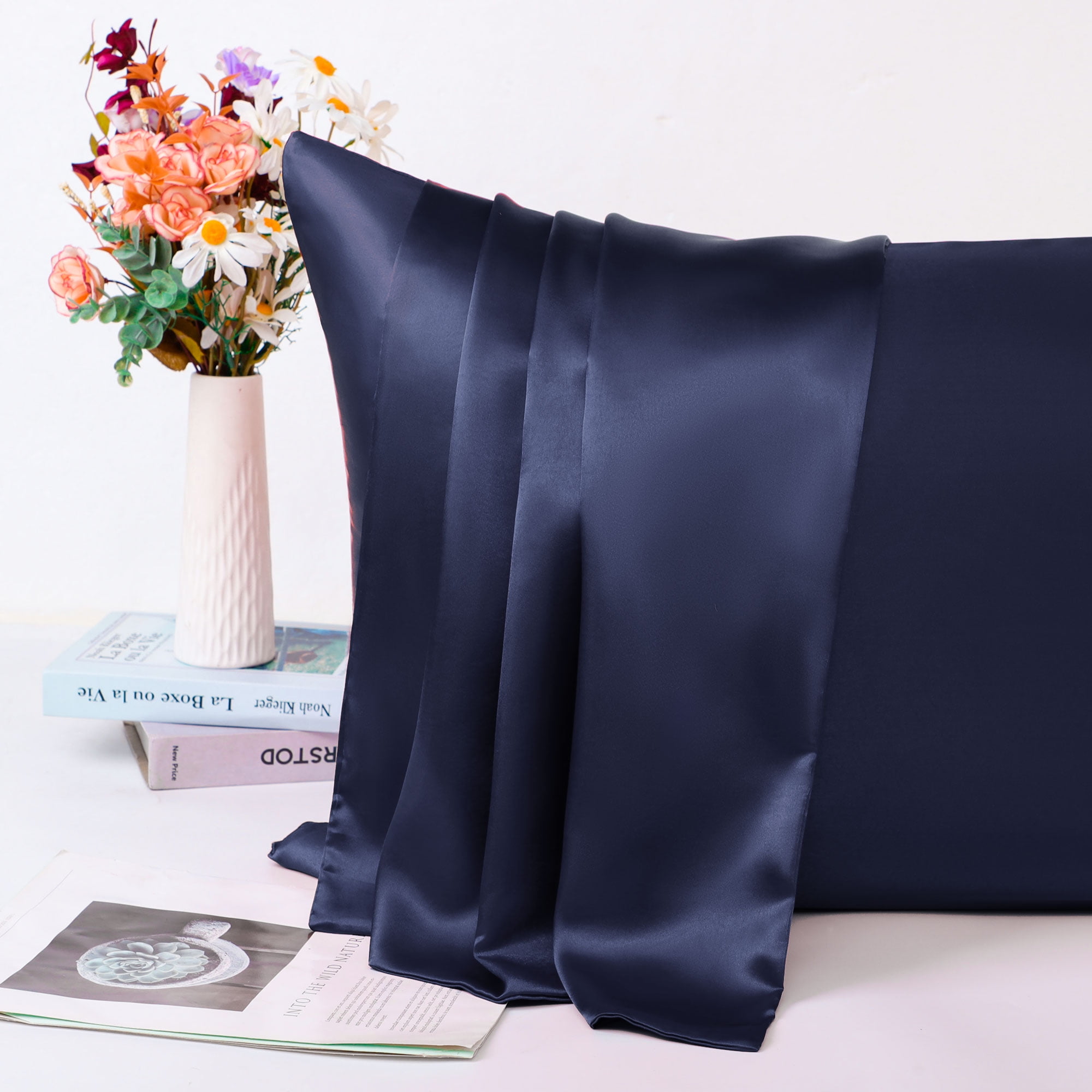 Unique Bargains Satin Set of 2 Zipper Closure Pillowcases Navy 20"x26"