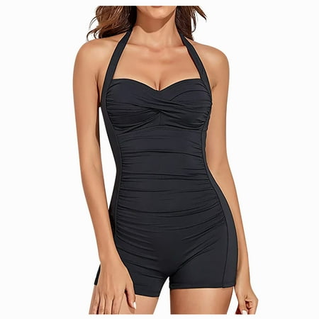 Ovticza One Piece Swimsuit Women s Retro Tummy Control Swimsuits Halter Slimming Swimwear Vintage Boyshorts Ruched Push Up Bathing Suit Black M