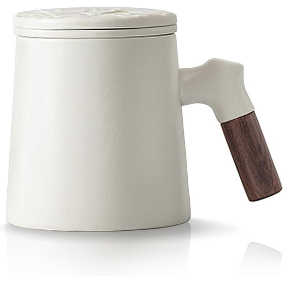 Blue and White Tea Cups with Wooden Handle Ceramic Tea Mug with Infuser and Lid Mug for Infusing Loose Leaf Tea