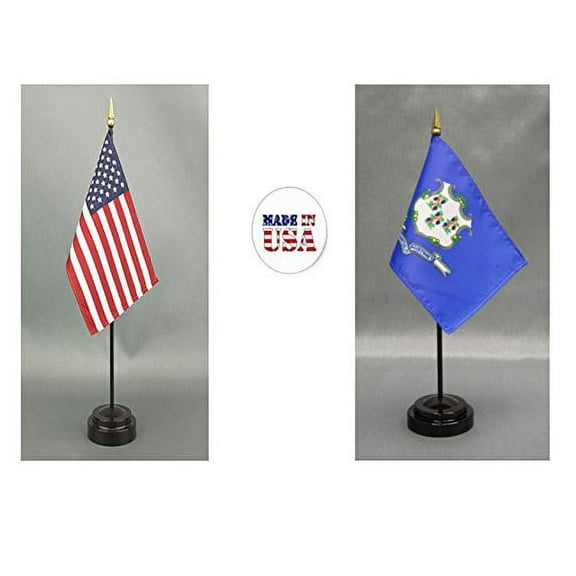 Made in The USA. 1 American and 1 Connecticut 4"x6" Miniature Desk & Table Flag, Includes 2 Flag Stands & 2 Small Mini Stick Flags