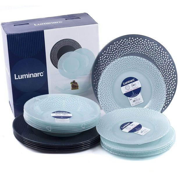 Luminarc N0495 Bulla Collection 18 Pcs Dinnerware Set Tempered Glass Round Plates Set For 6
