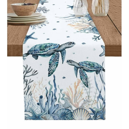 

Summer Sea Turtle Table Runner Ocean Coastal Coral Flower White Tablerunners 13 x 90 Inch Table Decorations Tabletop Scarf for Summer Gathering Holiday Farmhouse Kitchen Dining Decor
