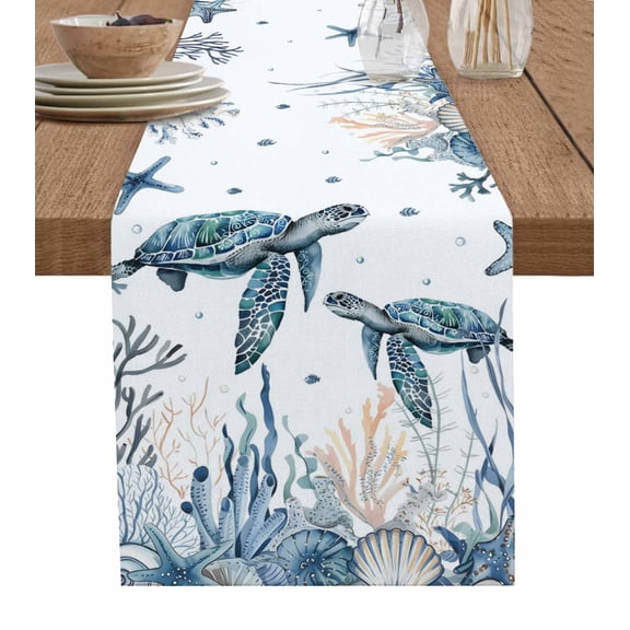 Summer Sea Turtle Table Runner 72 Inches, Ocean Coastal Coral Flower White Bed Runner Dresser Scarves Tabletop for Indoor Outdoor Parties/Ceremony/Banquet, 14" x 72"