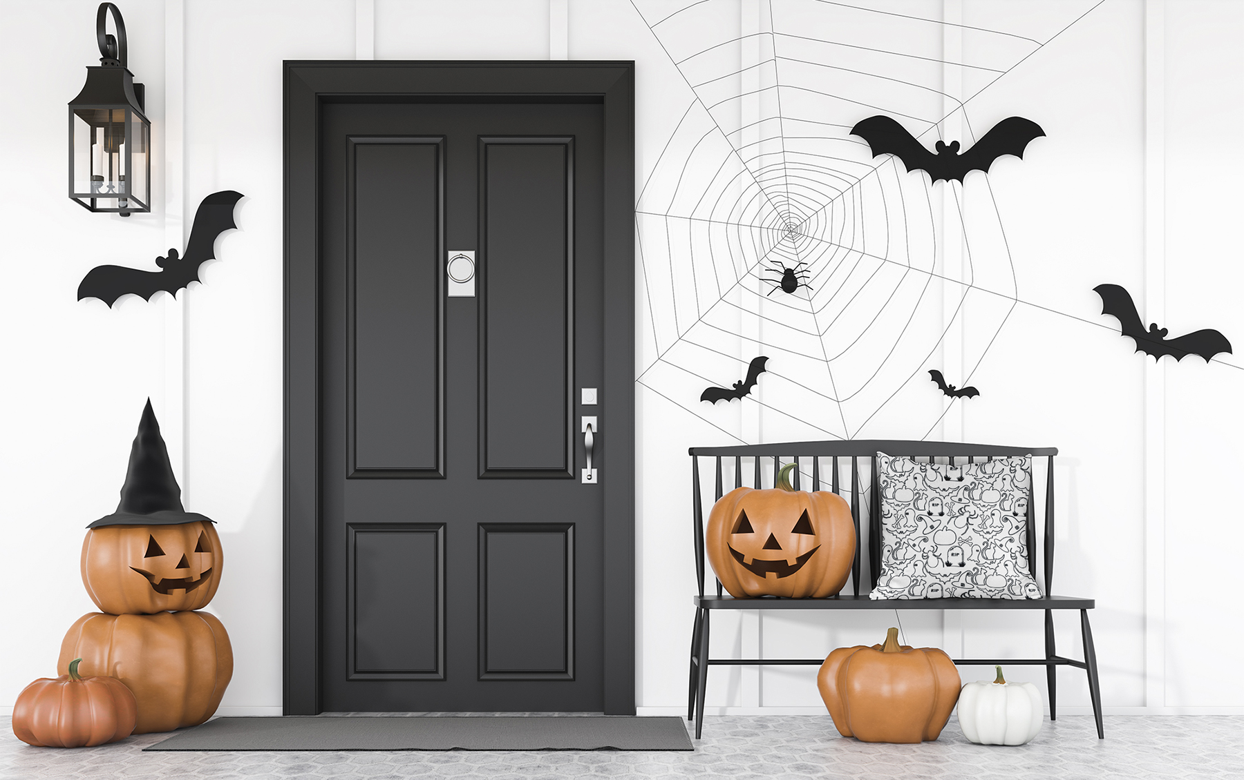 20" x 20" Simply Daisy Halloween Halloween Outlines Polyester Indoor/Outdoor Pillow, White Qty 1