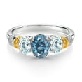 thumbnail image 2 of Gem Stone King 925 Sterling Silver and 10K Yellow Gold Oval Persian Blue Moissanite Sky Blue Aquamarine and White Diamond 3 Stone Ring for Women (2.41 Cttw, Gemstone Birthstone, Size 8), 2 of 3