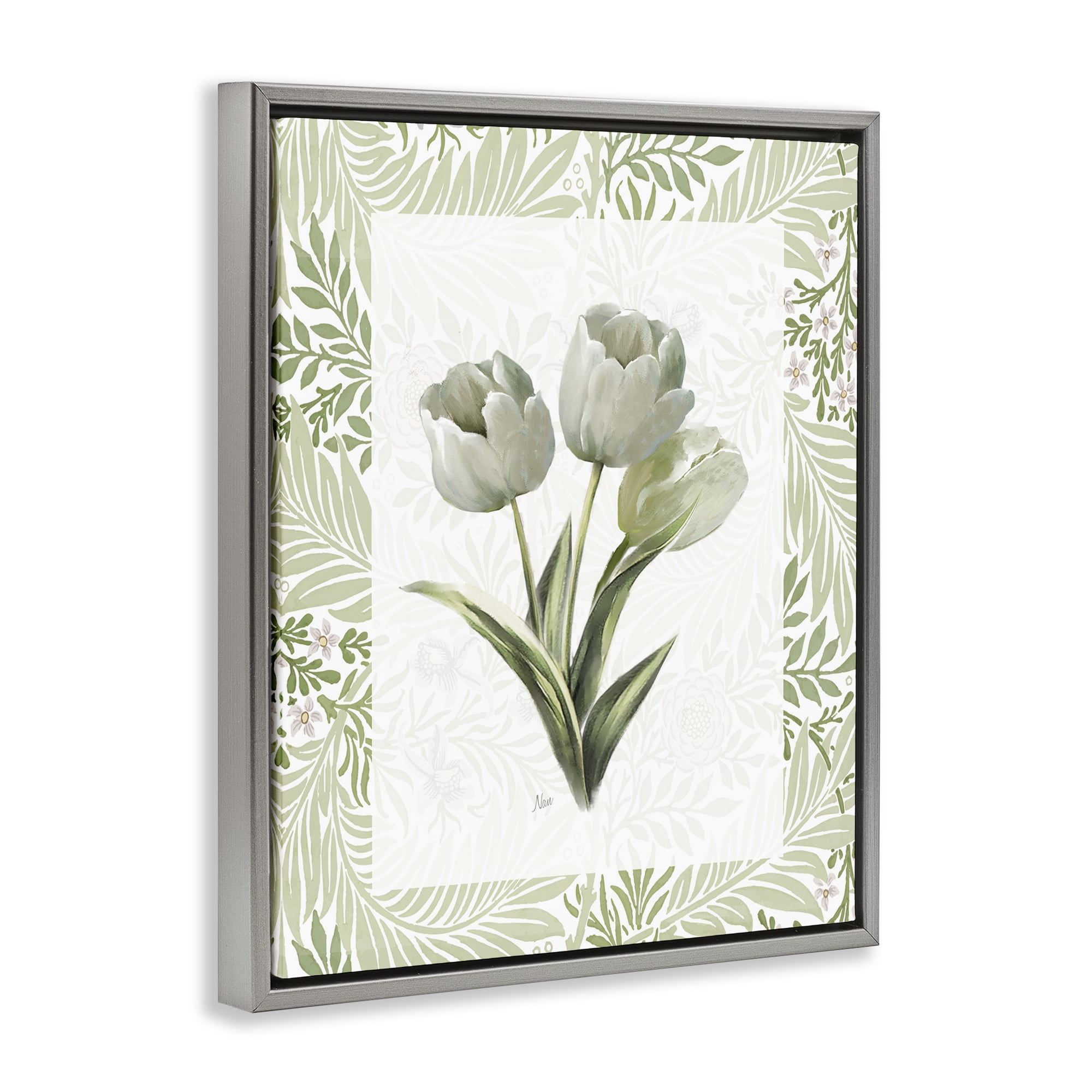 Stupell Industries Pale Green Tulip Trio Gray Framed Floater Canvas Wall Art, design by Nan