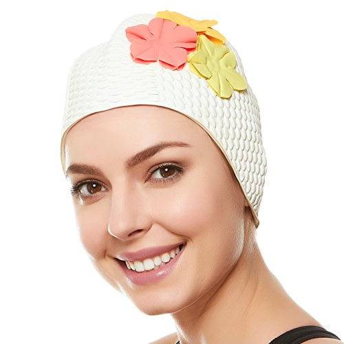 Latex Bubble Crepe Swim Bathing Cap with 3 Flowers - White with Yellow, Orange and Pink Flowers