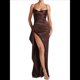 thumbnail image 1 of Vestido de Dama de con Tirantes Finos y Satén con Volantes para Mujer Marrón L, 1 of 8