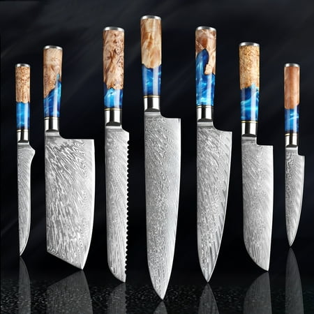 7-Piece Damascus Steel Kitchen Knife Set - Tsunami Collection - 67-Layer Japanese VG10 Steel - Chef's Knife, Cleaver Knife, Bread Knife, & More…