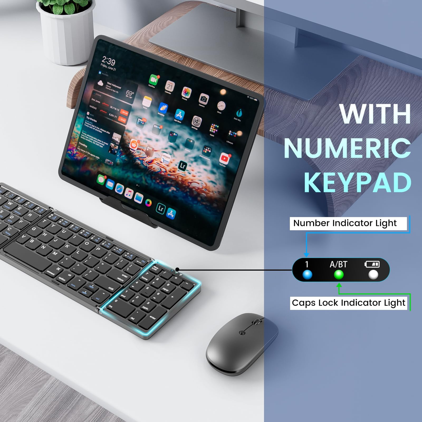 Portable Travel Keyboard and Mouse Combo, Folding Bluetooth Keyboard Mouse with Numeric Keypad for Laptop