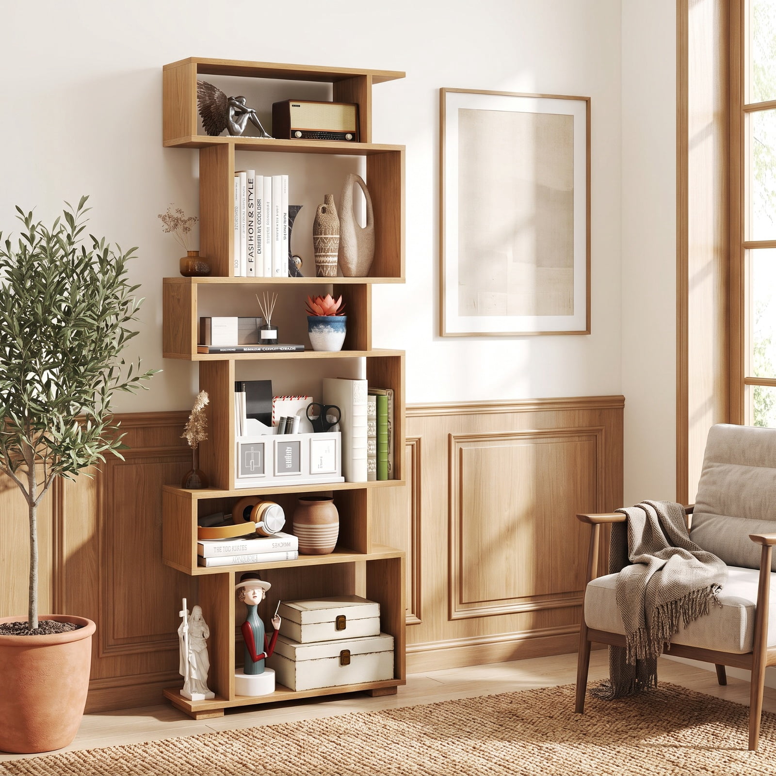 Furnibear 6-Tier Geometric Bookshelf with 2 Anti-Tipping Kits for Home Office for Living Room Home Office Bedroom Display Storage Shelf, Natural