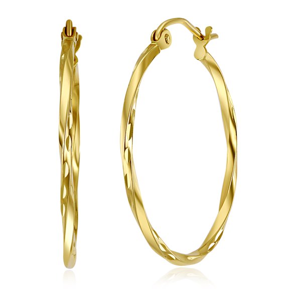 Wellingsale Ladies 14k Yellow Gold Polished Diamond Cut 1.5mm Fancy Twisted Hoop Earrings (24mm Diameter)