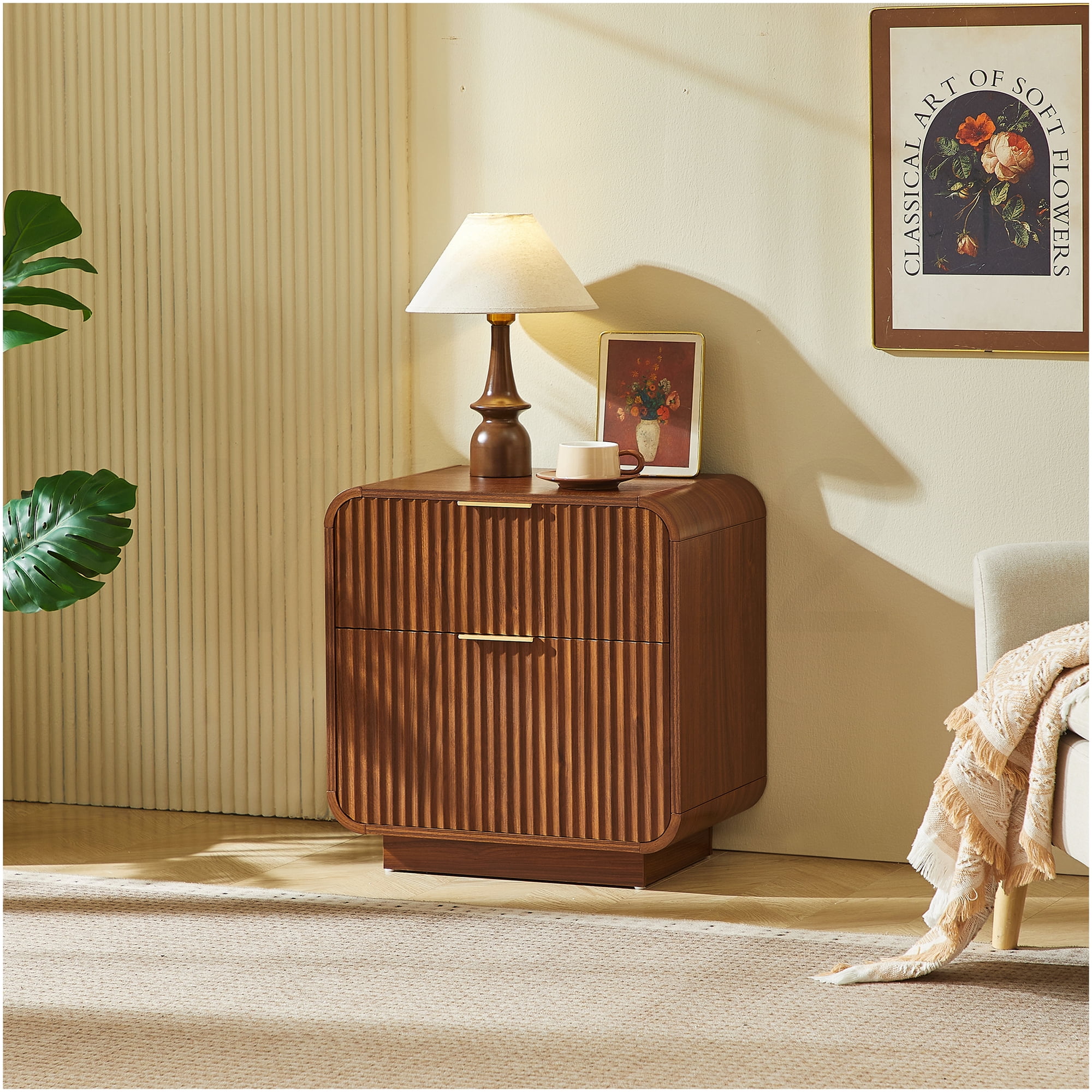 Drawer Nightstand Particle Board Bedroom Accent Table in Walnut for Interior Furnishing Accent
