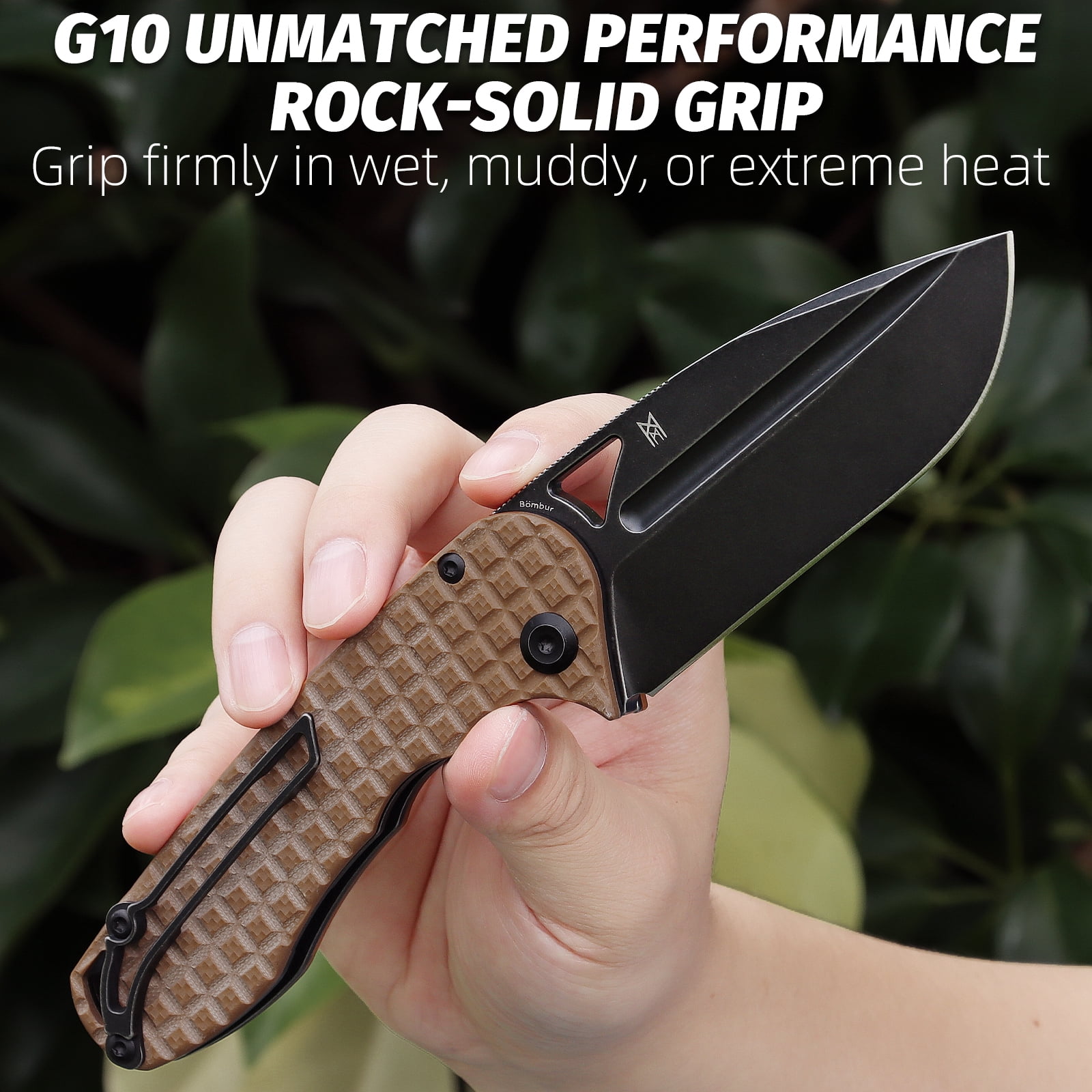 Tenable Bömbur Folding Pocket Knife 3.53'' Blackwash D2 Blade,Brown G10 with Frag Pattern Handle,T1054A2