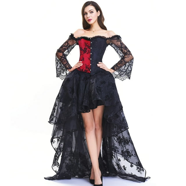 Corsé bustier de encaje steampunk para mujer de BlackRed, con hombros descubiertos y falda alta y baja, para fiesta