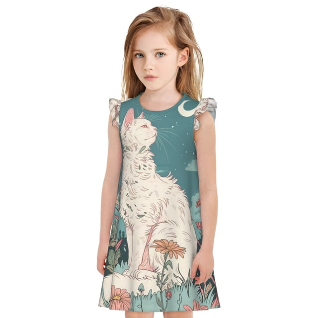 Fotbe Celestial Cat And Flowers Vestido de Dormir para Niñas de 3 a 10 Años, Mangas Cortas, Estilo Princesa, Pijama Camisón con Mangas Voladas-XX-Large