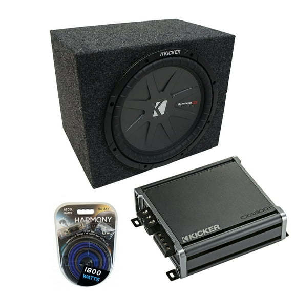 Car Stereo Rearfire Sealed Single 10" Kicker CompR CWR10 Sub Box CXA800.1 Amp