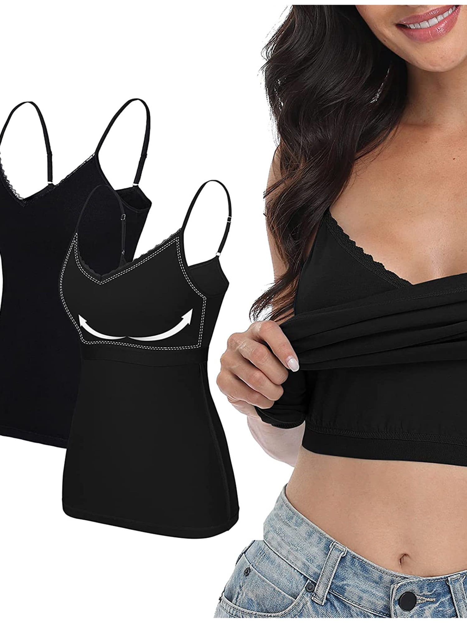Women's Cotton Lace V Neck Basic Camisoles with Shelf Bra Tank Tops, 2-pack  - Walmart.com