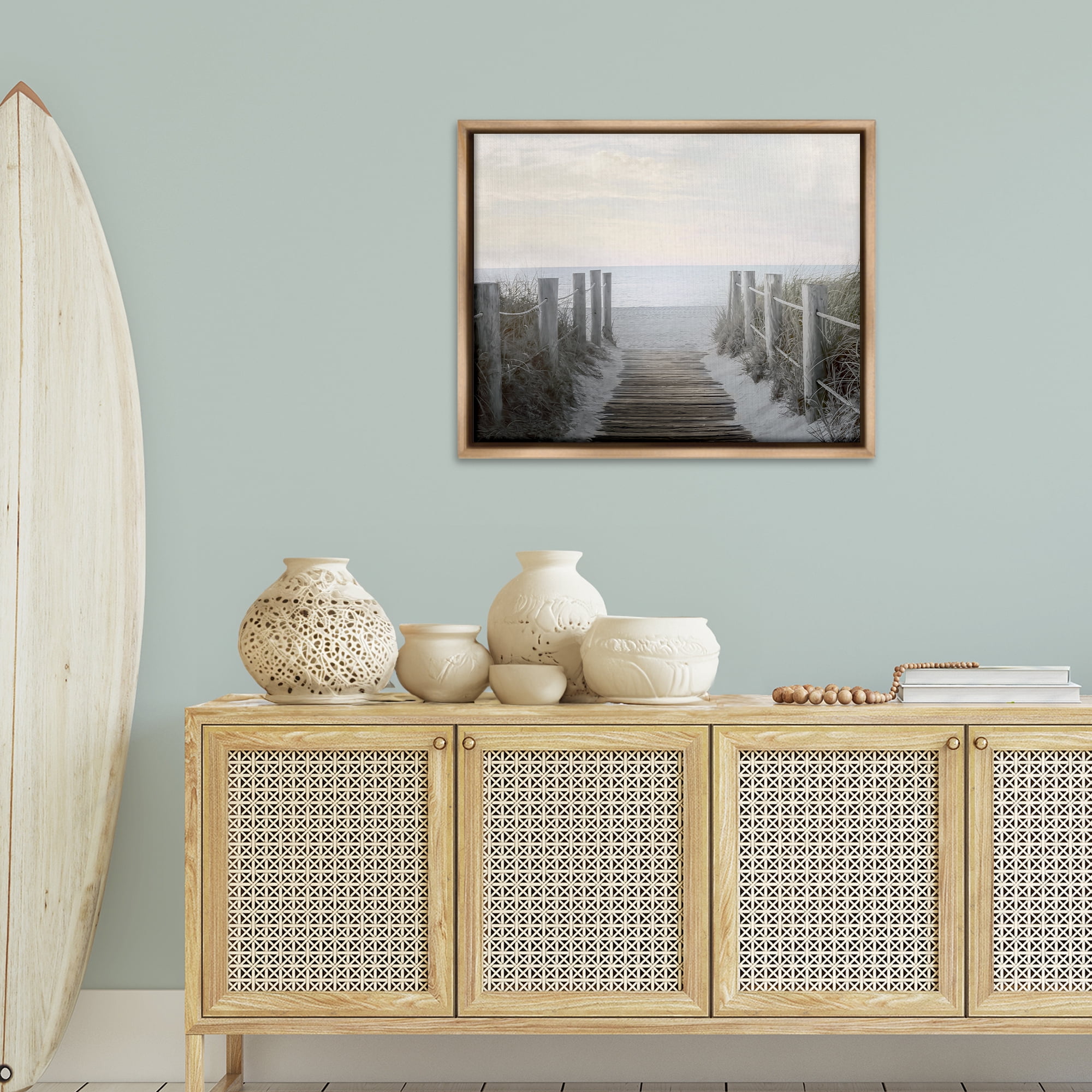 Stupell Industries Boardwalk Steps to Beach Landscape Photography Brown Floater Framed Canvas Art Print Wall Art, 31 x 25