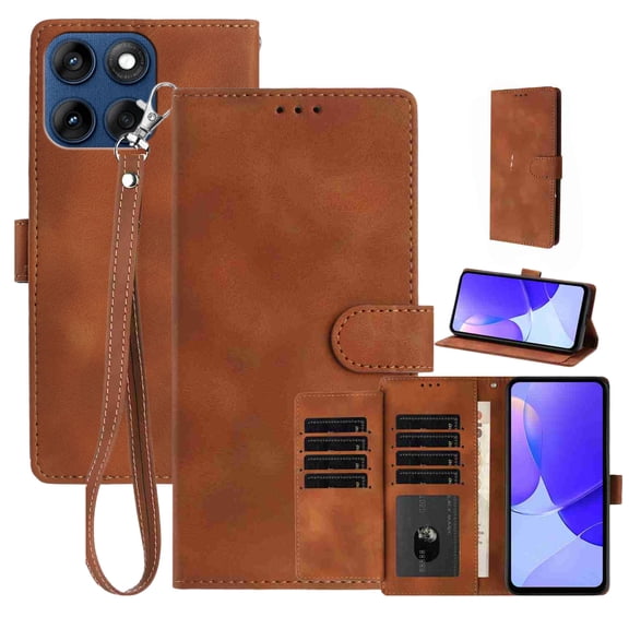 ELEHOLD For Motorola Moto G 5G (2025) Flip Wallet Case - Shockproof Leather 8 Credit Card Slot Kickstand TPU Protective Cover With Lanyard For Women Men,Brown